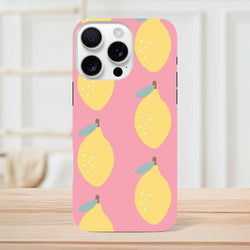 Pink lemon tough iPhone case featuring a cute yellow lemon pattern on a pink background, offering stylish protection for urban use.