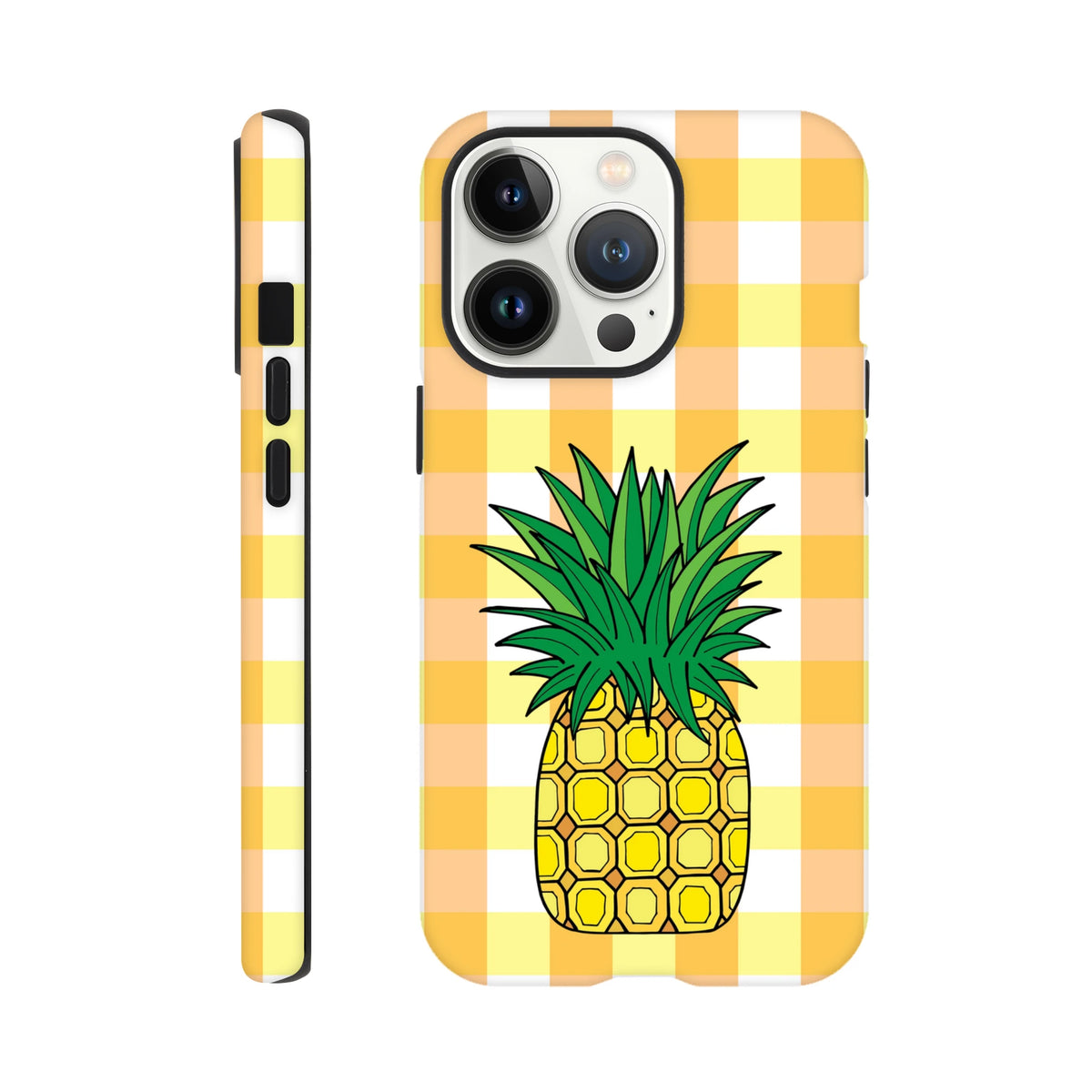 Pineapple gingham tough iPhone case featuring a cute tropical design on a yellow plaid background for drop protection.