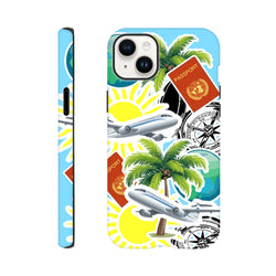 Travel iPhone case with sticker style passport, palm tree, airplane, and compass design for island vibes and protection.
