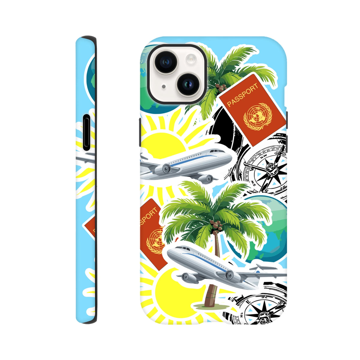 Travel iPhone case with sticker style passport, palm tree, airplane, and compass design for island vibes and protection.