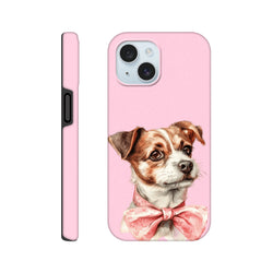 Pink iPhone case featuring a cute puppy wearing a floral bow. Shock-absorbent tough shell design for daily protection.