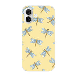Yellow Dragonfly iPhone case for 13-16, blue dragonfly pattern, slim protective shell.