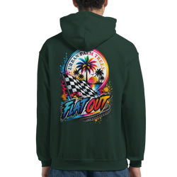 Dark green hoodie featuring retro "Flat Out" graphic with checker flag, palm trees, and sunset for modified car culture.