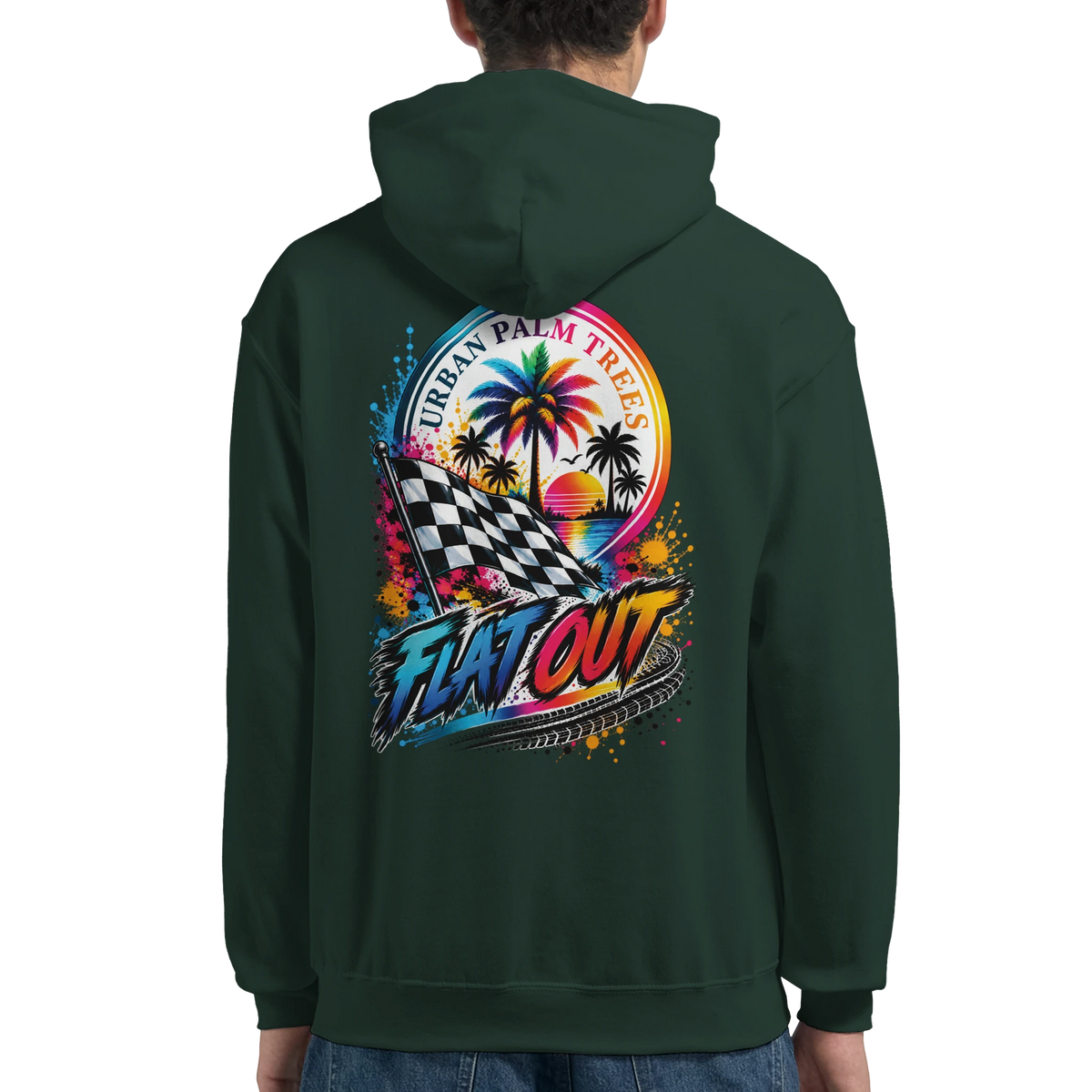 Dark green hoodie featuring retro "Flat Out" graphic with checker flag, palm trees, and sunset for modified car culture.