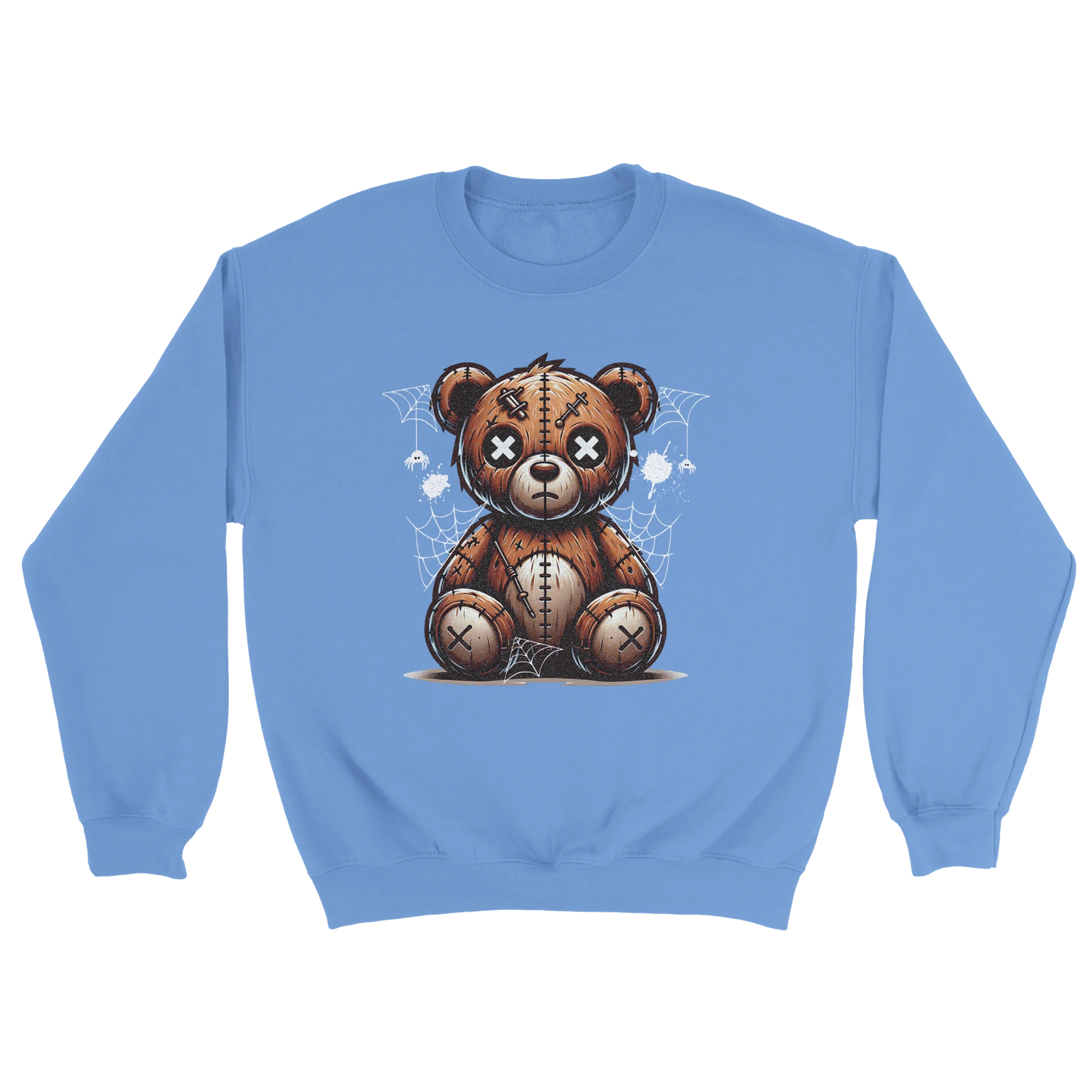Blue 50/50 cotton-poly men's sweatshirt with a stressed teddy bear graphic, patchwork stitches, and spider-web accents.