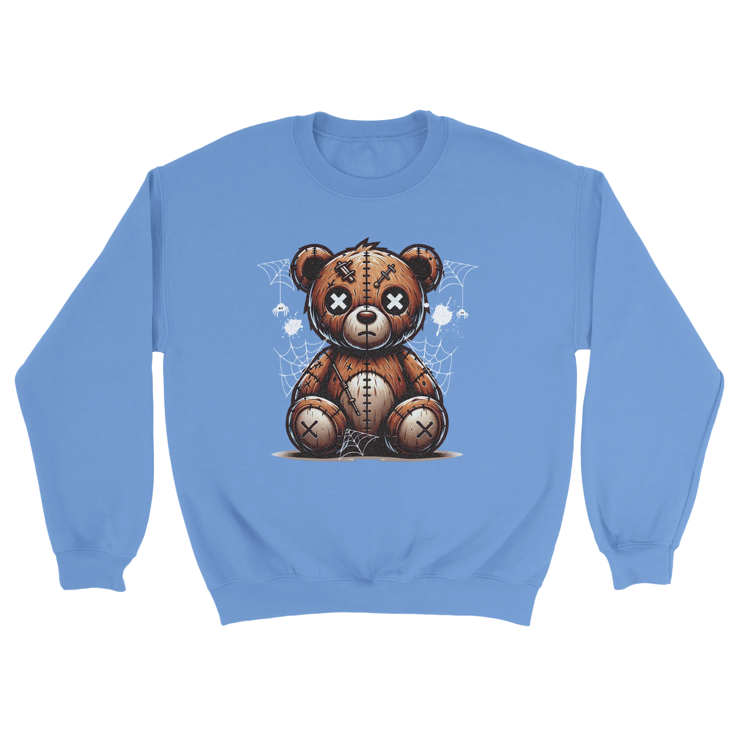 Blue men's graphic sweatshirt with a teddy bear graphic on a white background