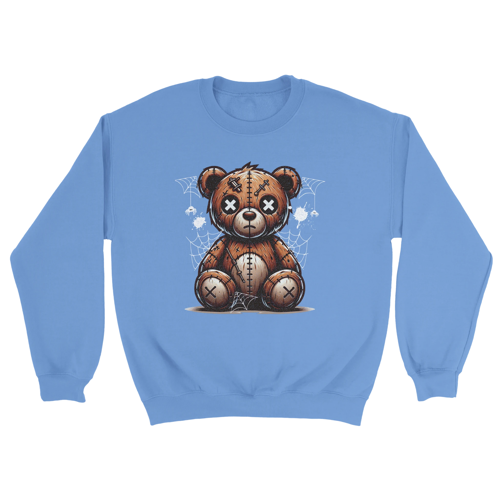Blue men's graphic sweatshirt with a teddy bear graphic on a white background