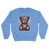 Blue 50/50 cotton-poly men's sweatshirt with a stressed teddy bear graphic, patchwork stitches, and spider-web accents.
