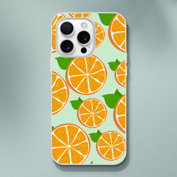 Cute orange slice iPhone case on mint green with frosted transparent matte finish.