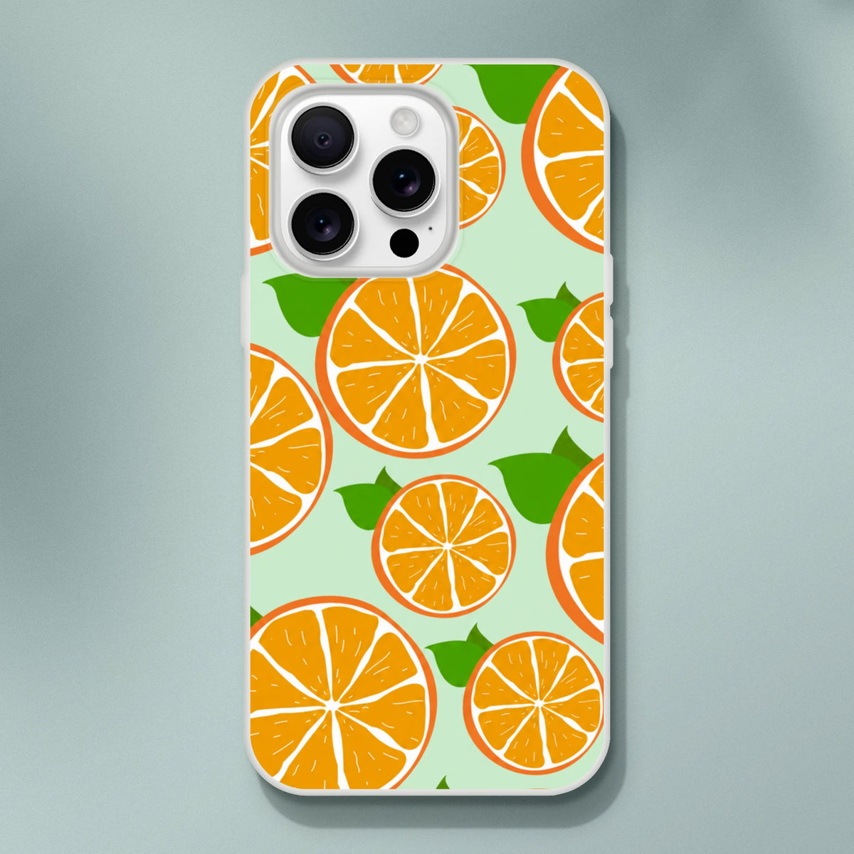 Cute orange slice iPhone case on mint green with frosted transparent matte finish.