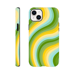 Green & yellow retro wave iPhone case with bold Y2K stripes. Tough, wraparound graphic phone cover for streetwear style.