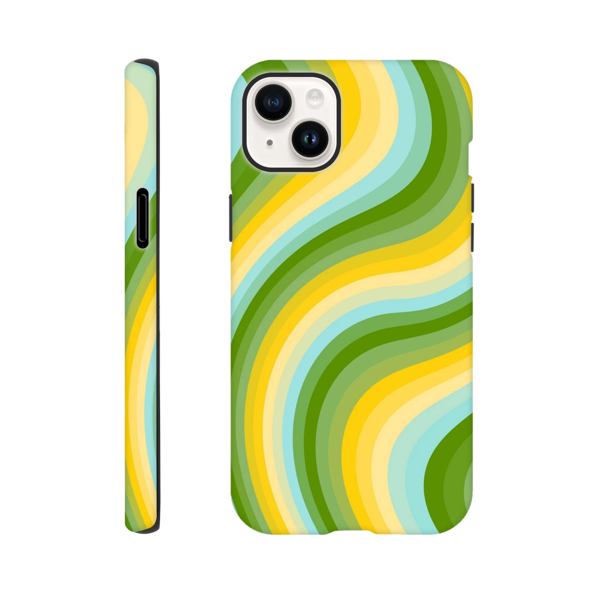 Green & yellow retro wave iPhone case with bold Y2K stripes. Tough, wraparound graphic phone cover for streetwear style.