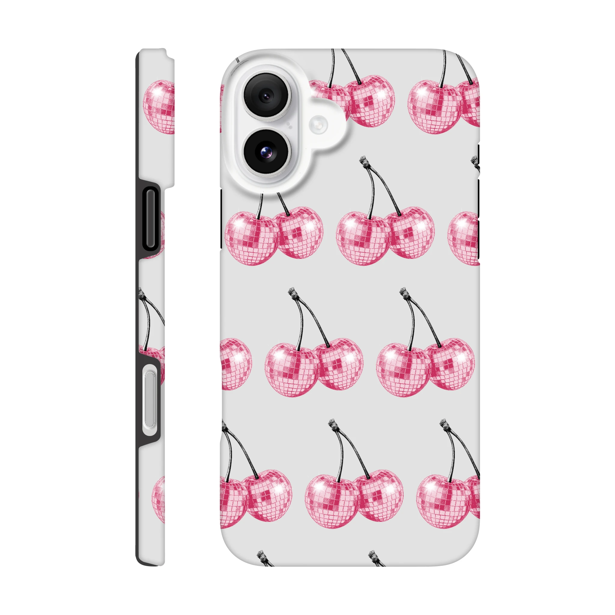 Glitter Ball Cherries iPhone case with tough dual-layer protection and glossy wraparound print on back and sides