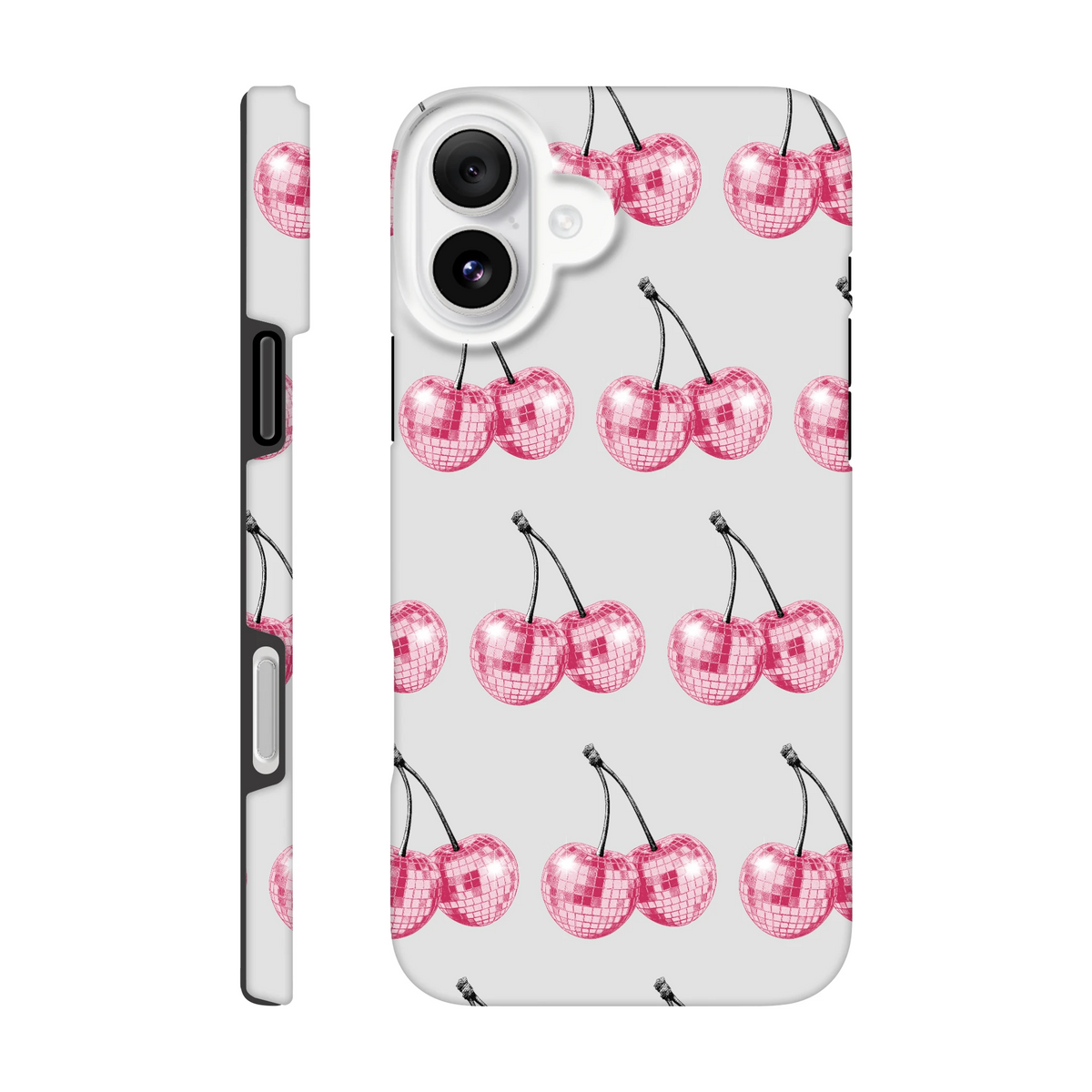 Glitter Ball Cherries iPhone case with tough dual-layer protection and glossy wraparound print on back and sides