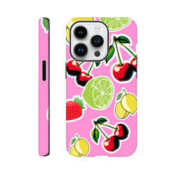 Pink tough iPhone case featuring a fruit sticker design with cherries, limes, lemons, and strawberries on a vibrant background.