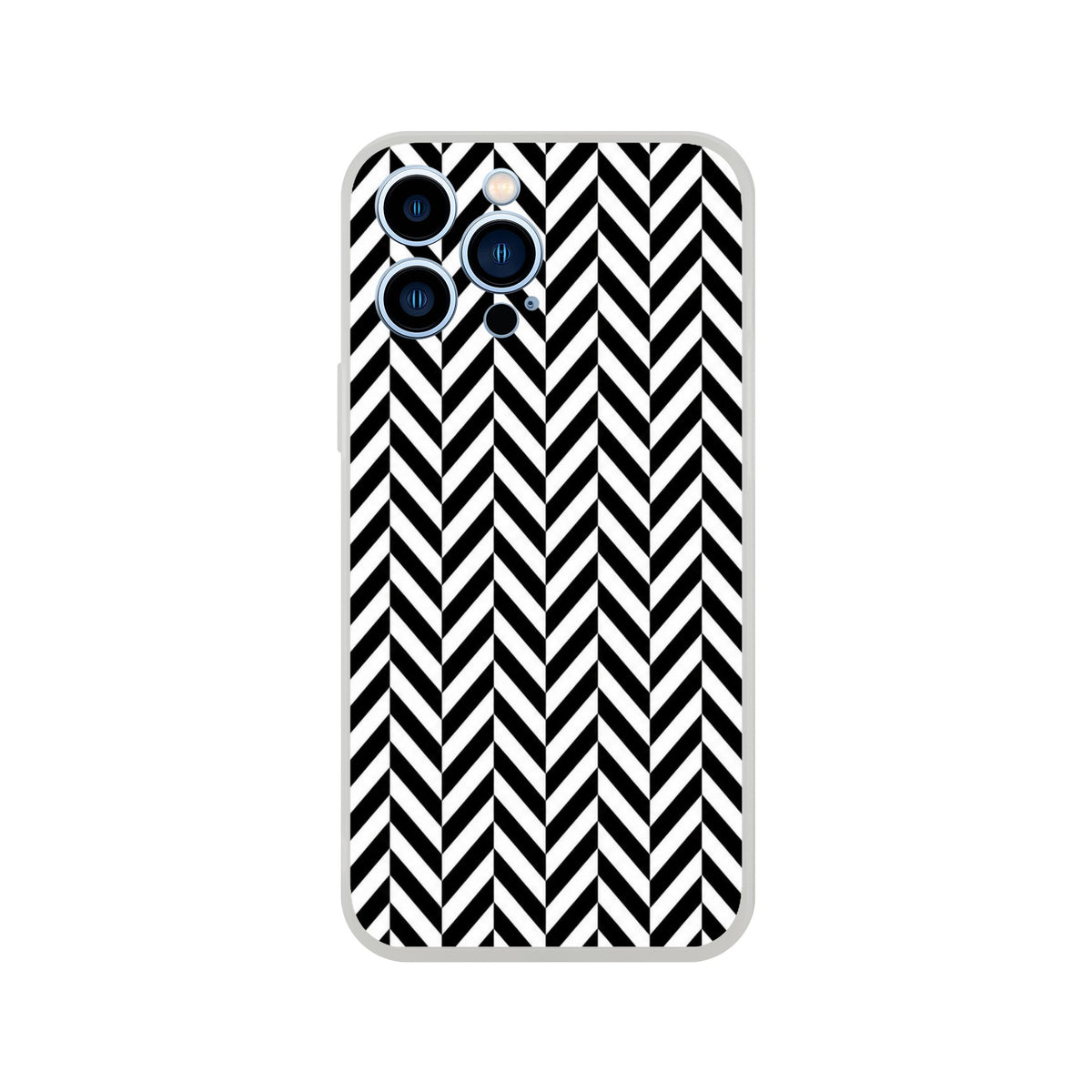 Black and white herringbone iPhone case featuring a geometric chevron pattern. Shock-absorbing TPU cover for iPhone 13-16 with a crisp matte finish.