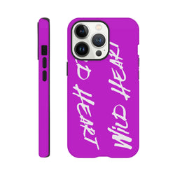 Purple iPhone case featuring vertical white "Wild Heart" script text. Streetwear style tough phone cover with shock-absorbing protection for urban drops.