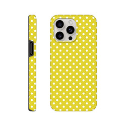 Yellow and white polka dot tough iPhone case featuring dual-layer TPU protection for models 13-16. Cute Vintage style phone cover.