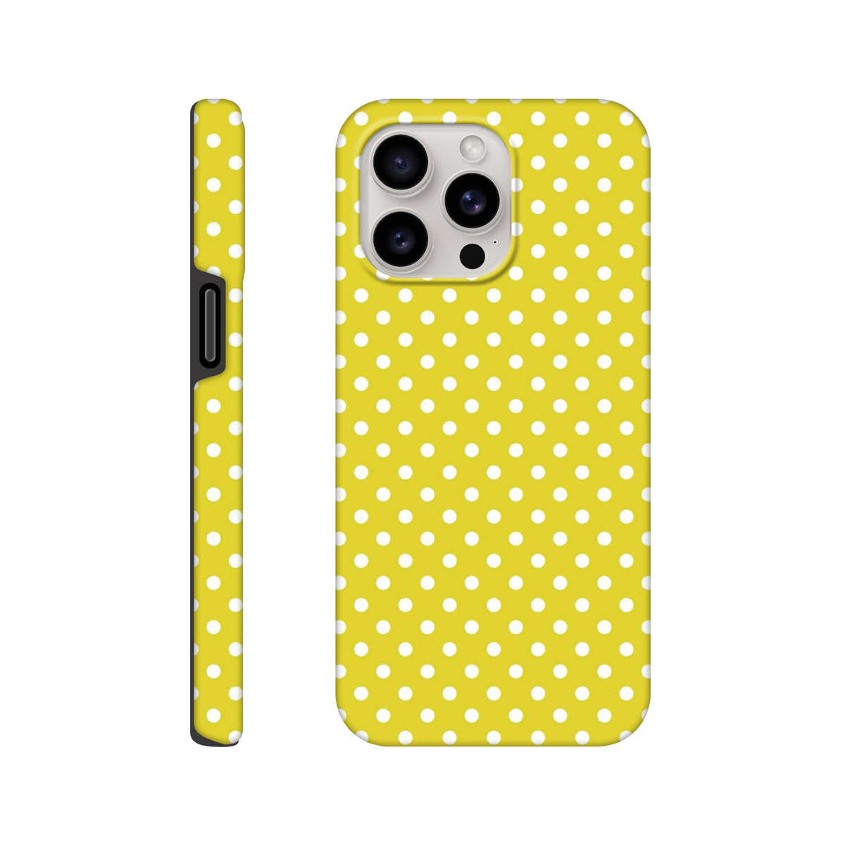 Yellow and white polka dot tough iPhone case featuring dual-layer TPU protection for models 13-16. Cute Vintage style phone cover.