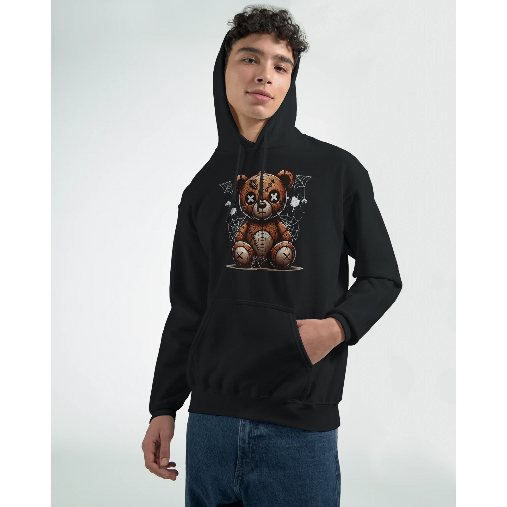 Person wearing a black men's teddy bear hoodie on a white background. 3