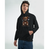 Male model wearing black hoodie with stressed teddy bear graphic and spiderweb backdrop.