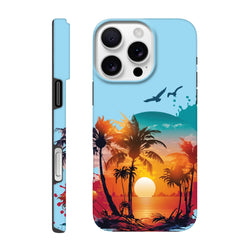 Tropical sunset palm tree iPhone case featuring vibrant orange horizon, silhouetted trees, and flying birds for beach style protection.
