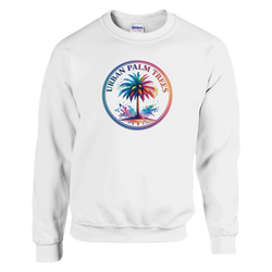 Urban Palm Trees Sweatshirt featuring a circular palm-tree design, retro aesthetic cozy top for women.
