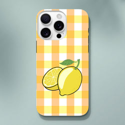 Yellow gingham iPhone case featuring a whole lemon and slice illustration with drop protection for iPhone 13-16.