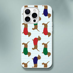 Cute Sausage Dog iPhone Case (13-16) dachshund pattern on light blue stripes.
