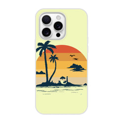 Retro Beach iPhone Case (13-16) with palm trees and a sunset beach scene on a sunny yellow background