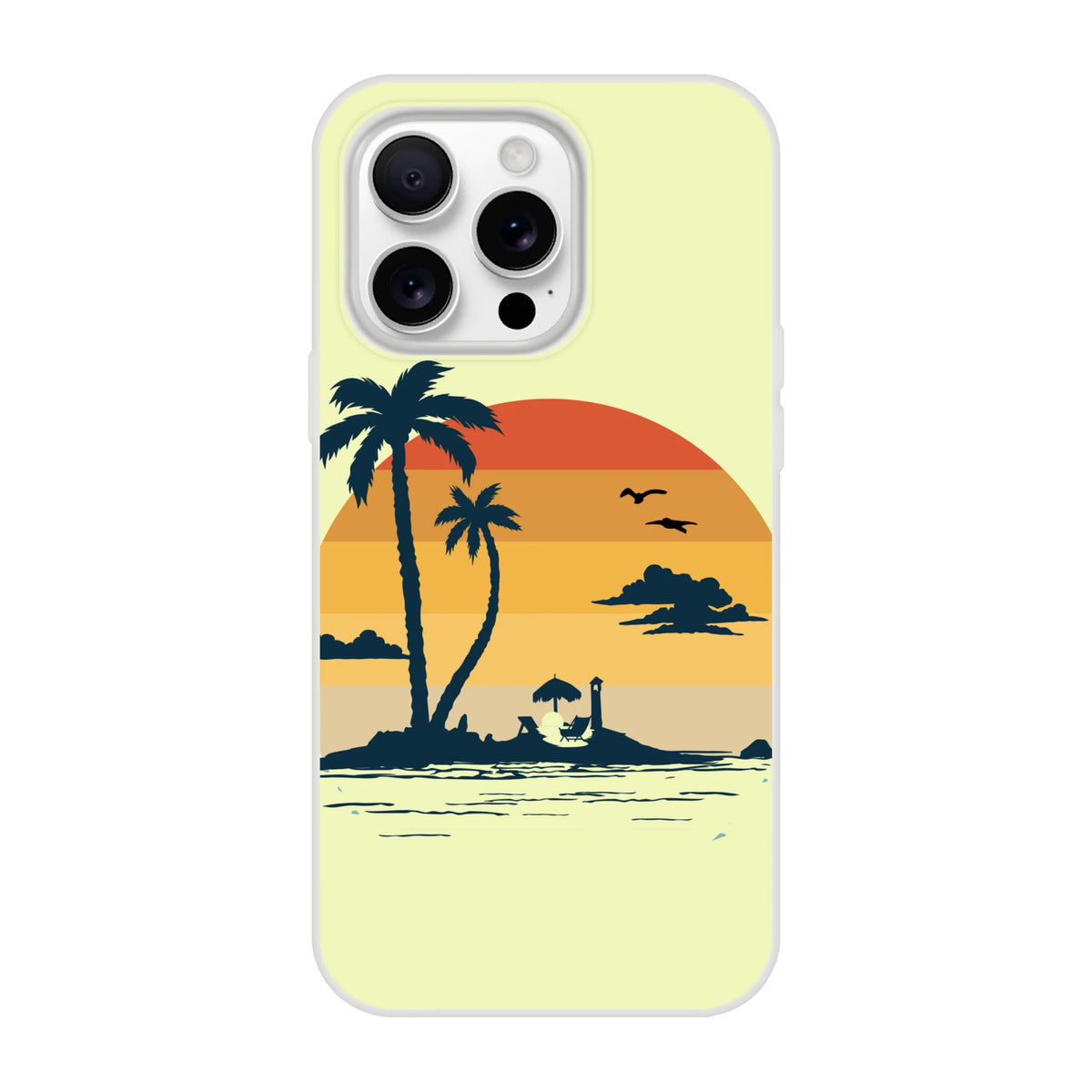 Retro Beach iPhone Case (13-16) with palm trees and a sunset beach scene on a sunny yellow background