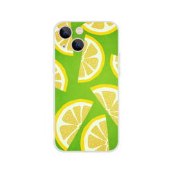 Lemon-slice pattern iPhone case on green background; slim, matte shell for iPhone 13–16.