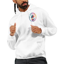 White hoodie for men featuring a colorful circular Urban Palm Trees graphic on the chest and a front kangaroo pocket.