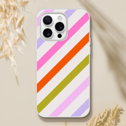 Pastel rainbow diagonal-striped iPhone case for iPhone 13–16, slim with a smooth matte finish.