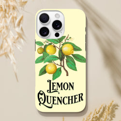 Vintage lemon tough iPhone case featuring retro botanical fruit illustration and "Lemon Quencher" script typography on a pale yellow background.