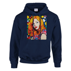 Retro Redhead Pop Art Woman Hoodie for Men with a colorful front graphic on a navy pullover.