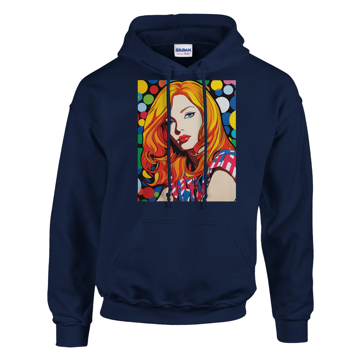 Retro Redhead Pop Art Woman Hoodie for Men with a colorful front graphic on a navy pullover.