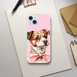 Pink dog-portrait iPhone case for iPhone 13–16 with retro aesthetic, slim matte finish.