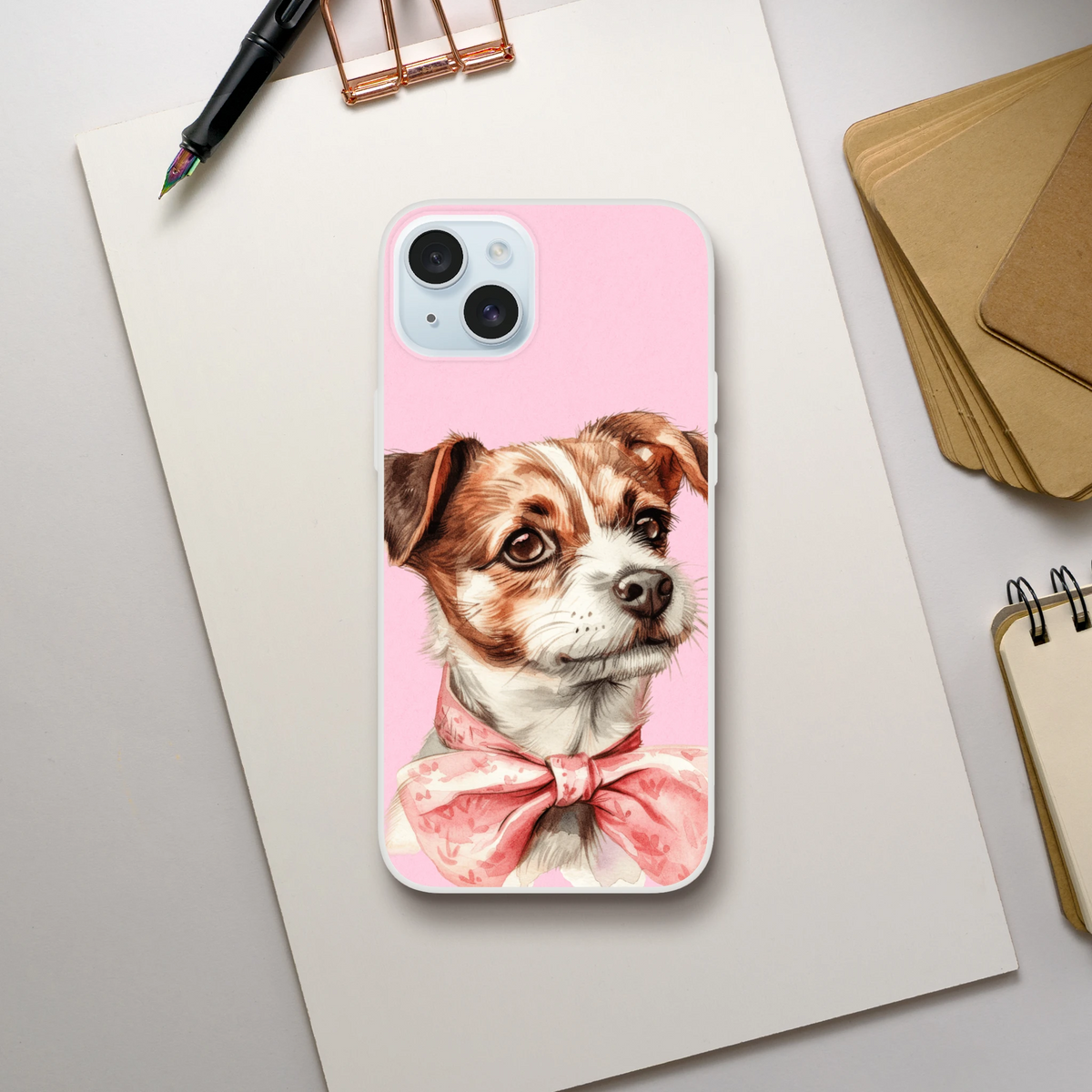 Pink dog-portrait iPhone case for iPhone 13–16 with retro aesthetic, slim matte finish.