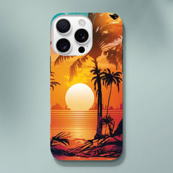 Retro tropical sunset iPhone case featuring palm tree silhouettes and vibrant orange beach scenery for durable coastal style.