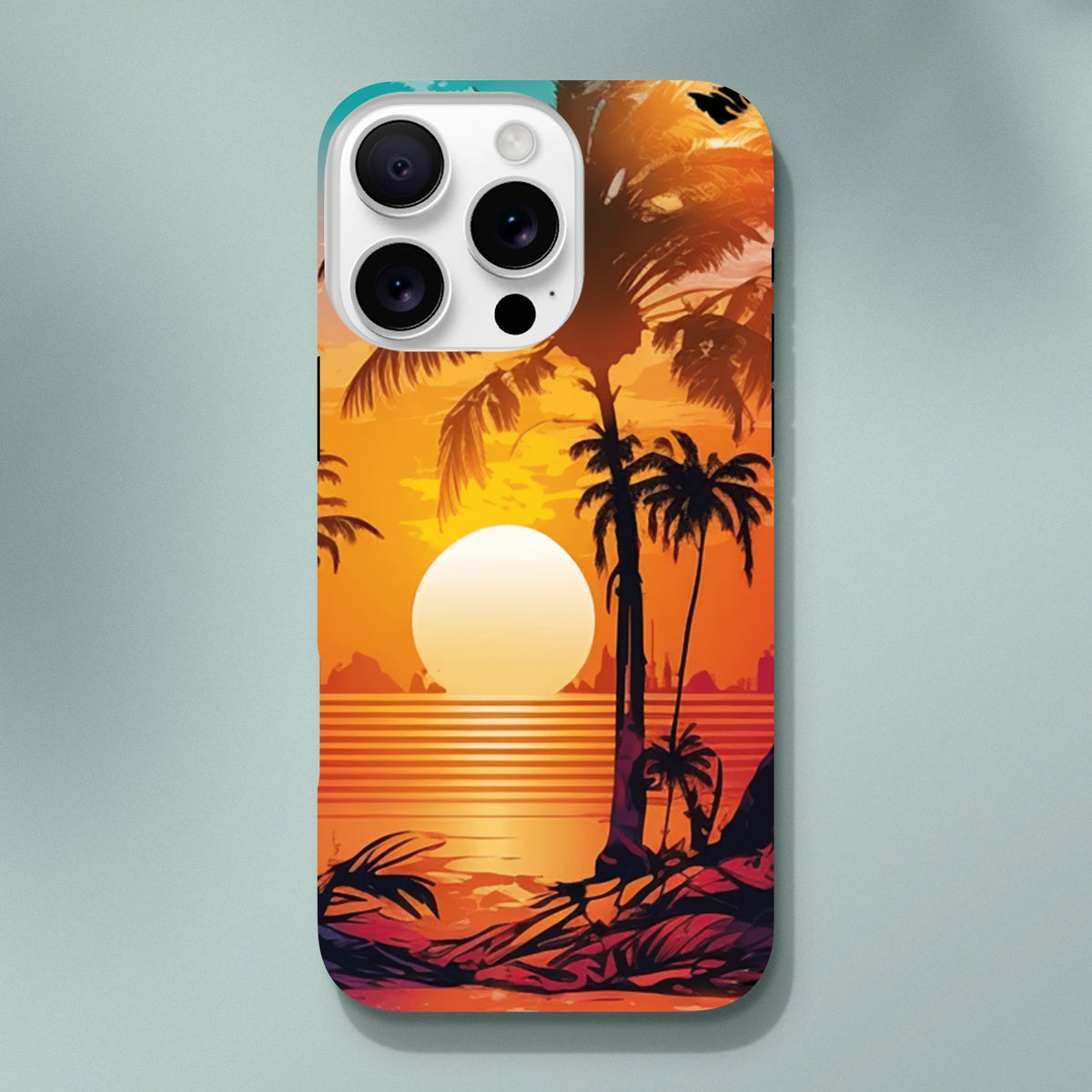 Retro tropical sunset iPhone case featuring palm tree silhouettes and vibrant orange beach scenery for durable coastal style.