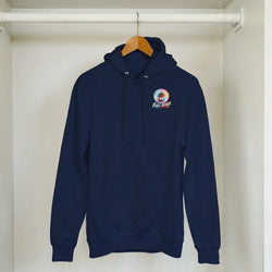 Navy blue men's hoodie featuring a colorful Urban Palm Trees Full Send graphic, perfect for modified car culture streetwear.