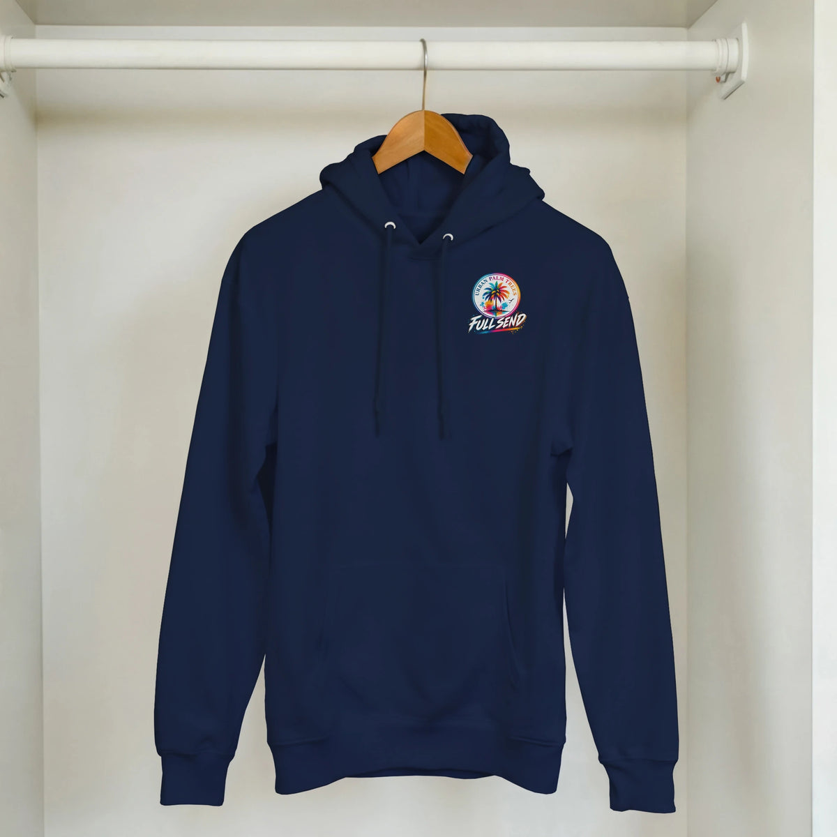 Navy blue men's hoodie featuring a colorful Urban Palm Trees Full Send graphic, perfect for modified car culture streetwear.