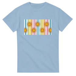 Light blue women's T-shirt with a retro rainbow sun graphic on the chest over colorful vertical stripes.