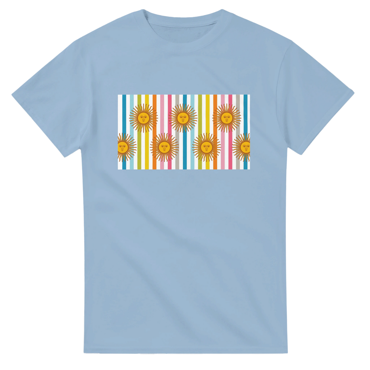 Light blue women's T-shirt with a retro rainbow sun graphic on the chest over colorful vertical stripes.