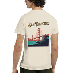 San Francisco Graphic T-Shirt with Golden Gate Bridge graphic on back, cream travel tee.