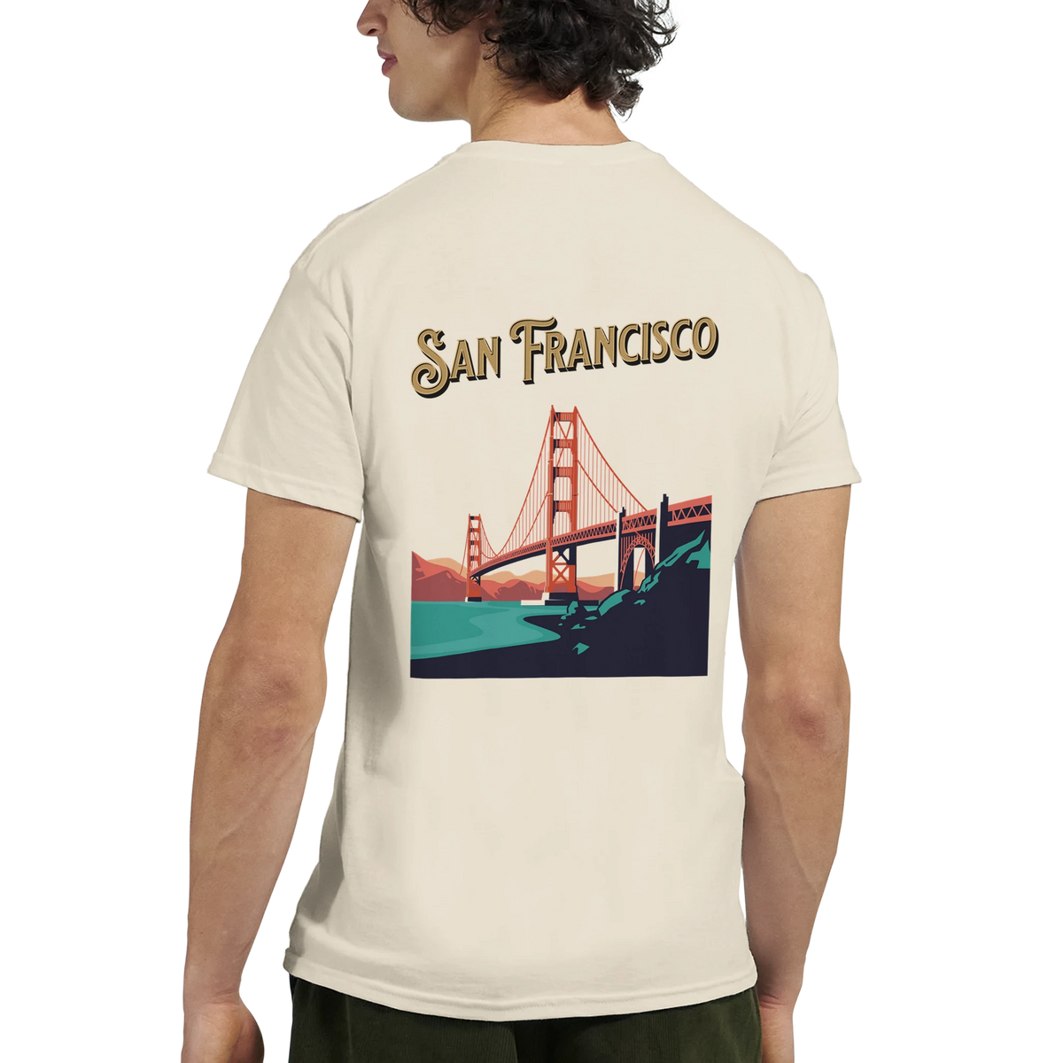 San Francisco Graphic T-Shirt with Golden Gate Bridge graphic on back, cream travel tee.