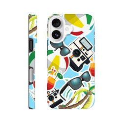 Blue summer sticker effect iPhone case featuring polaroid camera, sunglasses, palm tree, and beach ball on light blue background.