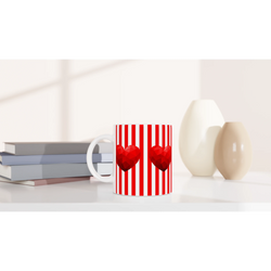Red Stripe Heart Mug, a cute romantic ceramic coffee cup with red stripes and hearts.
