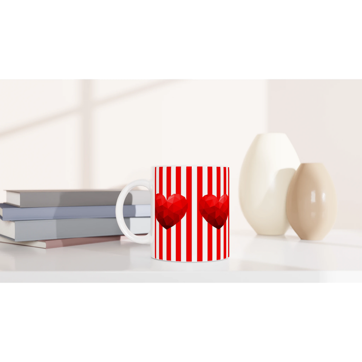 Red Stripe Heart Mug, a cute romantic ceramic coffee cup with red stripes and hearts.